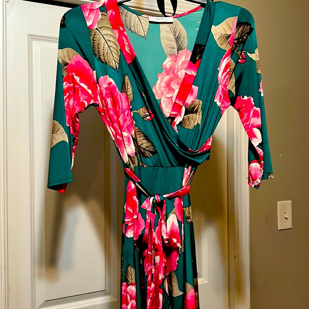 Green and pink Bon Rosy maxi dress